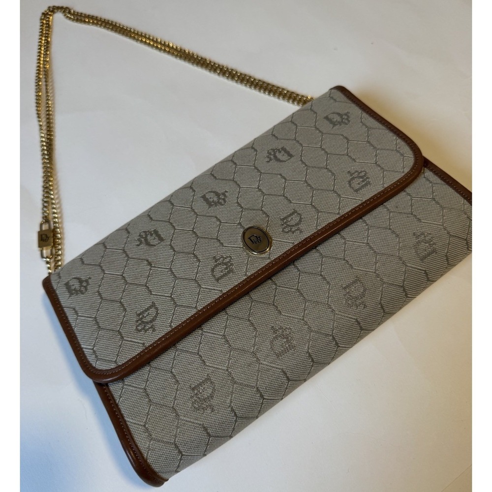 Christian Dior Honeycomb Canvas Chain Shoulder Bag PVC Beige Brown Leather Auth - Picture 3 of 13